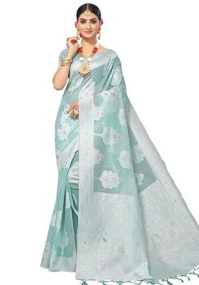 Light Blue Embroidered Cotton Blend Saree Set
