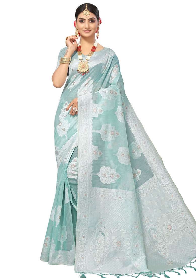 Light Blue Blend Cotton Saree Set with Embroidered for Diwali | Wedding & Festive Wear - Indya