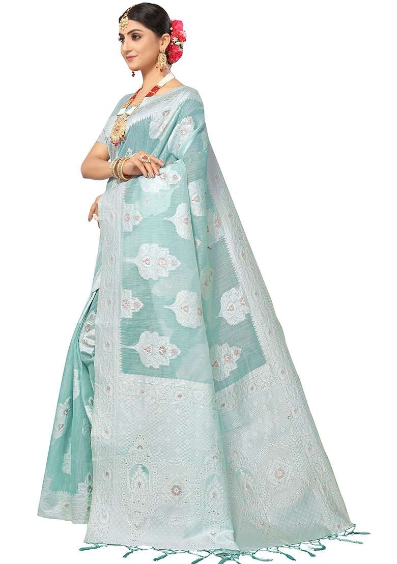 Light Blue Blend Cotton Saree Set with Embroidered for Diwali | Wedding & Festive Wear - Indya