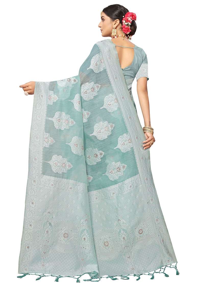 Light Blue Blend Cotton Saree Set with Embroidered for Diwali | Wedding & Festive Wear - Indya