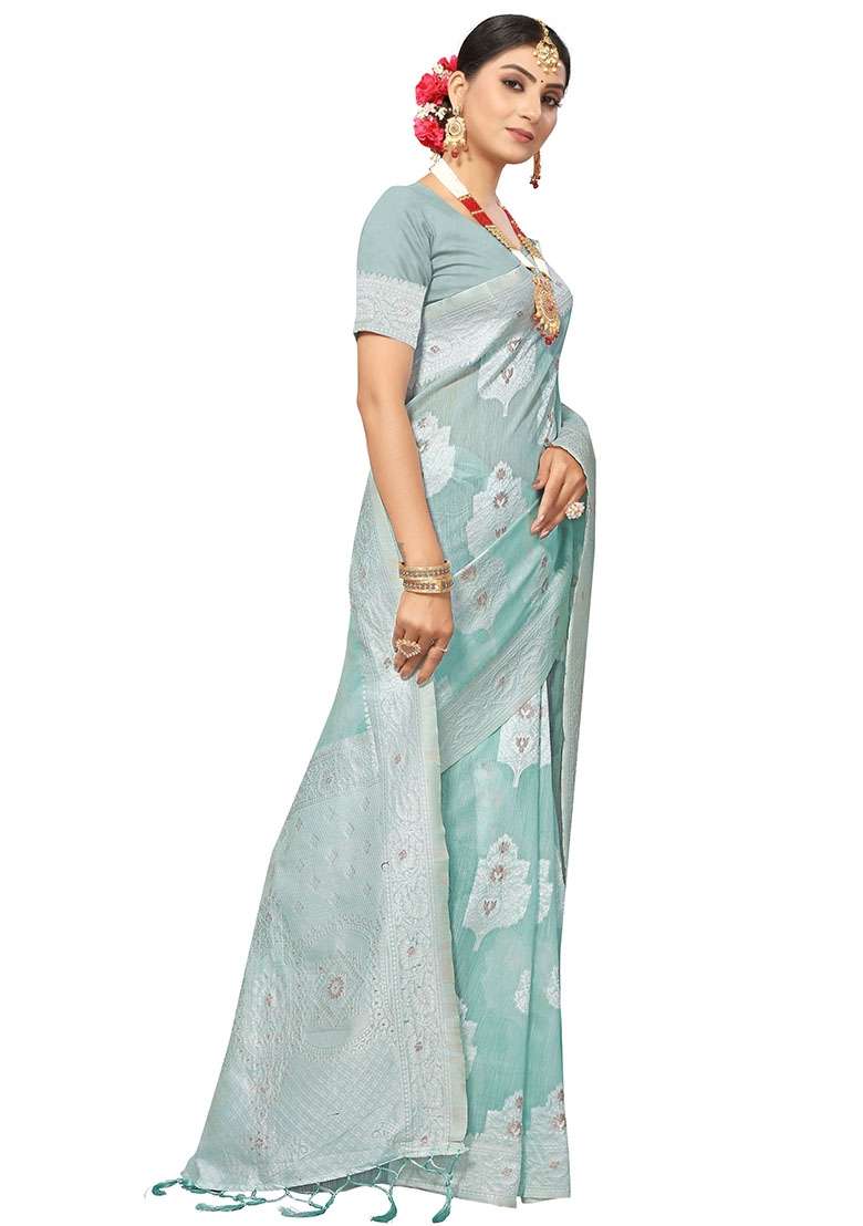 Light Blue Blend Cotton Saree Set with Embroidered for Diwali | Wedding & Festive Wear - Indya