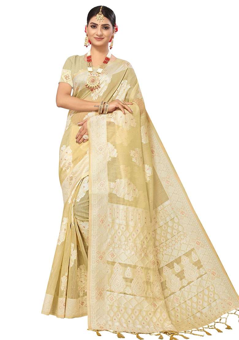 Light Beige Blend Cotton Saree Set with Embroidered for Diwali | Wedding & Festive Wear - Indya