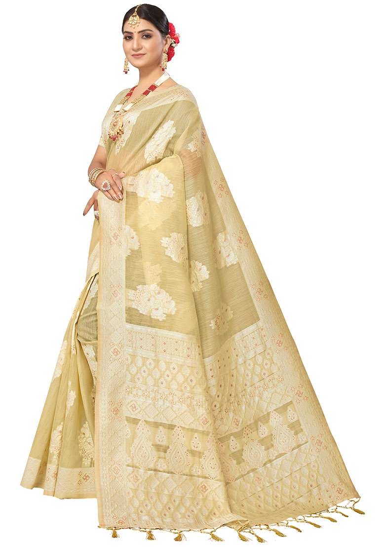 Light Beige Blend Cotton Saree Set with Embroidered for Diwali | Wedding & Festive Wear - Indya