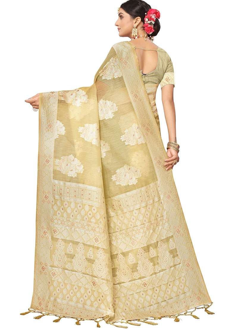 Light Beige Blend Cotton Saree Set with Embroidered for Diwali | Wedding & Festive Wear - Indya