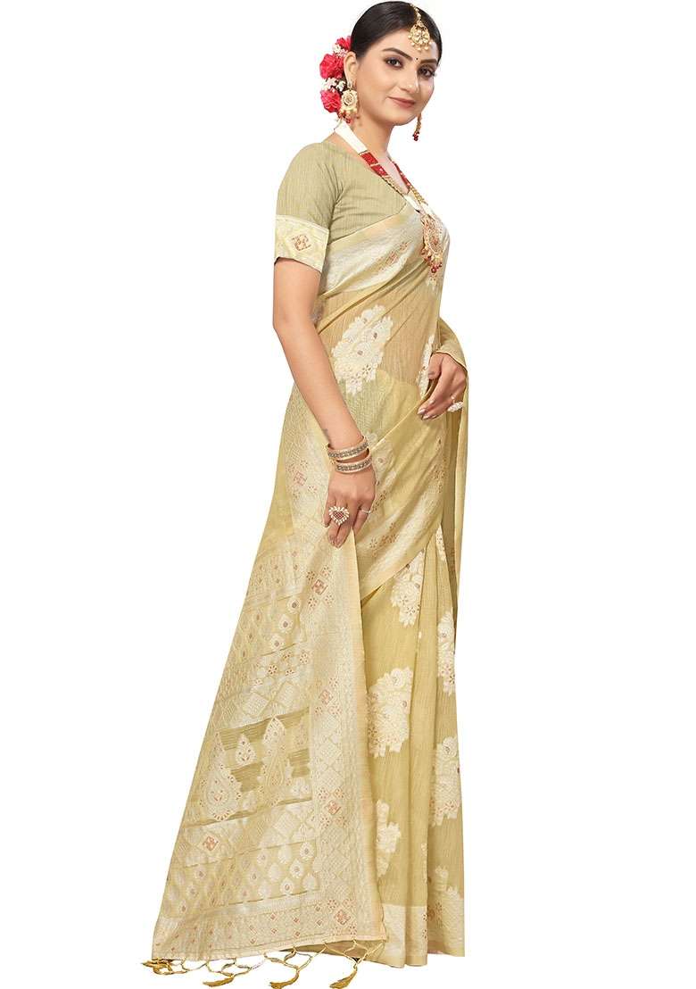 Light Beige Blend Cotton Saree Set with Embroidered for Diwali | Wedding & Festive Wear - Indya