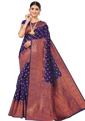 Navy Blue Embroidered Silk Saree Set
