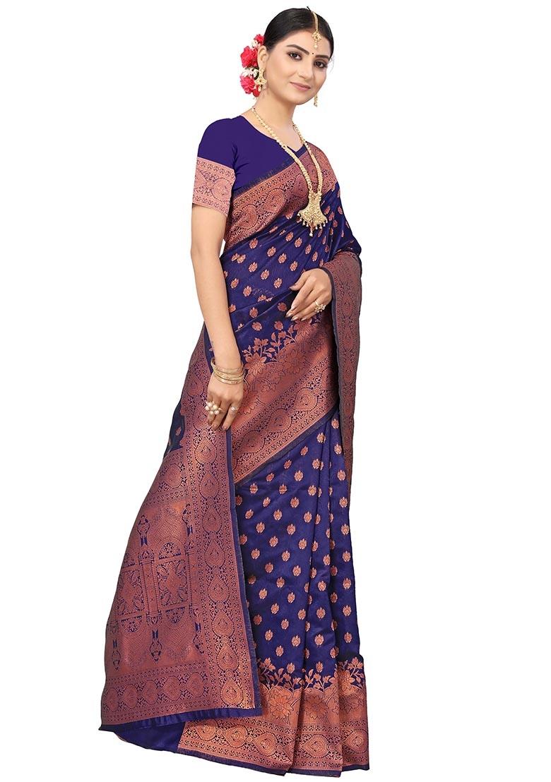 Navy Blue Embroidered Silk Saree Set - Indya