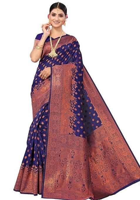 Navy Blue Embroidered Silk Saree Set