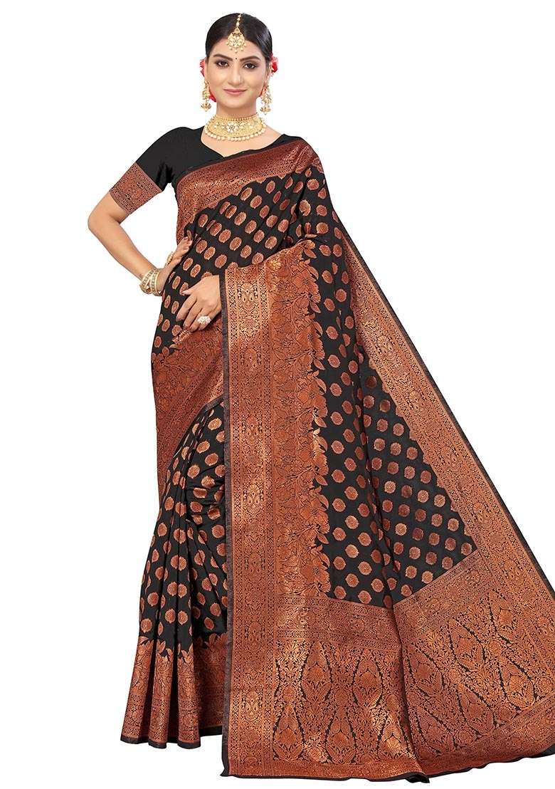 Black Silk Blend Saree Set with Embroidered for Diwali | Wedding & Festive Wear - Indya