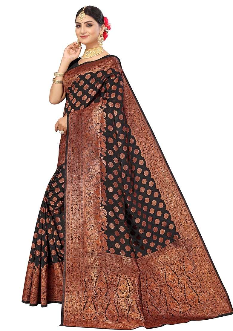 Black Silk Blend Saree Set with Embroidered for Diwali | Wedding & Festive Wear - Indya