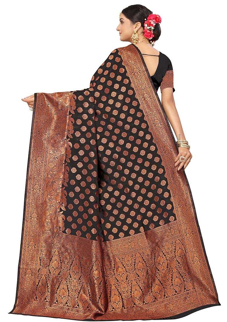 Black Silk Blend Saree Set with Embroidered for Diwali | Wedding & Festive Wear - Indya