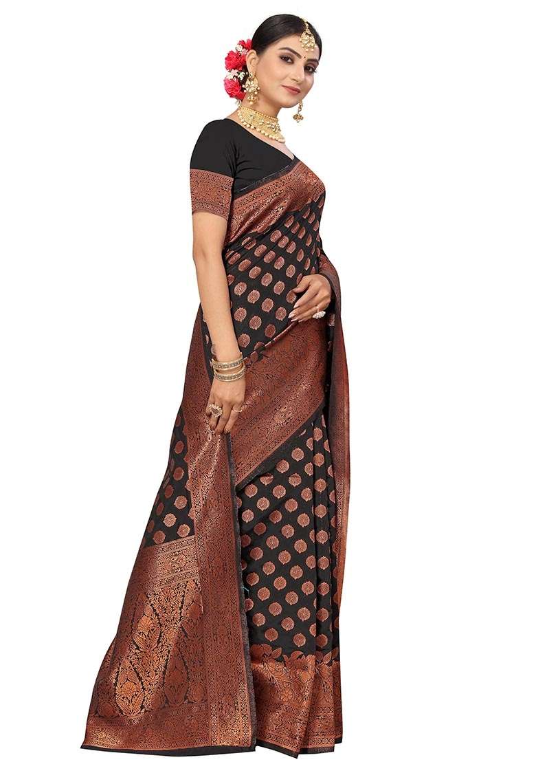 Black Silk Blend Saree Set with Embroidered for Diwali | Wedding & Festive Wear - Indya