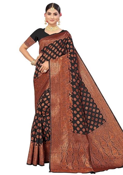 Black Embroidered Silk Saree Set