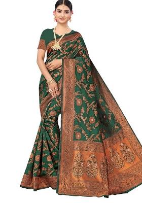 Mahendi Green Embroidered Silk Saree Set