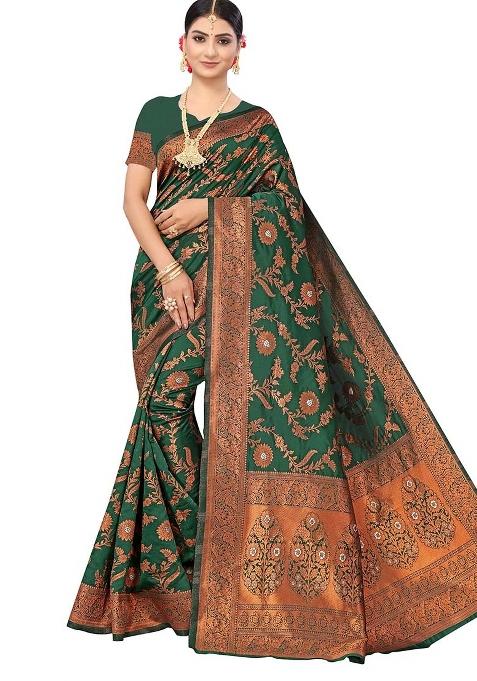Mahendi Green Embroidered Silk Saree Set