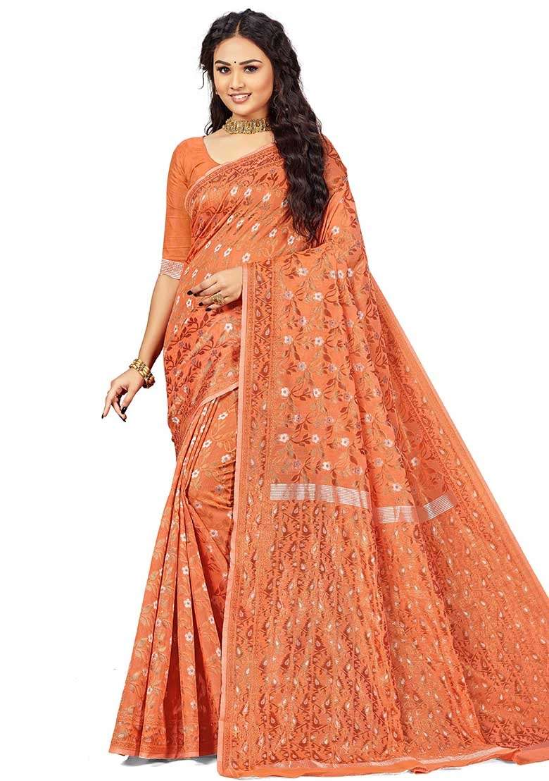 Peach Blend Cotton Saree Set with Embroidered for Diwali | Wedding & Festive Wear - Indya
