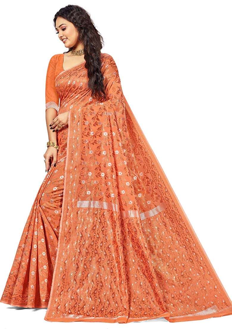 Peach Blend Cotton Saree Set with Embroidered for Diwali | Wedding & Festive Wear - Indya
