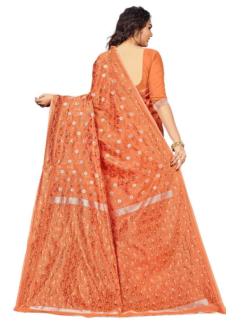 Peach Blend Cotton Saree Set with Embroidered for Diwali | Wedding & Festive Wear - Indya