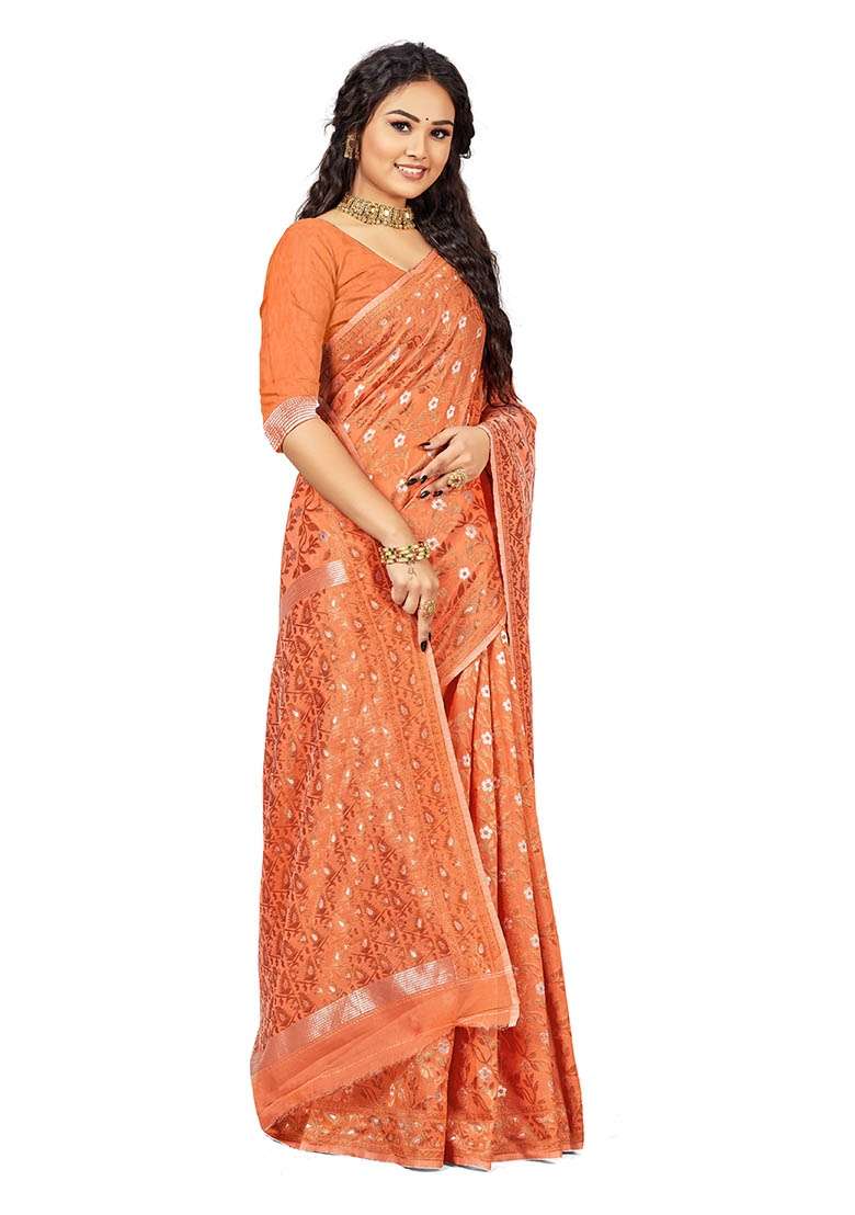 Peach Blend Cotton Saree Set with Embroidered for Diwali | Wedding & Festive Wear - Indya