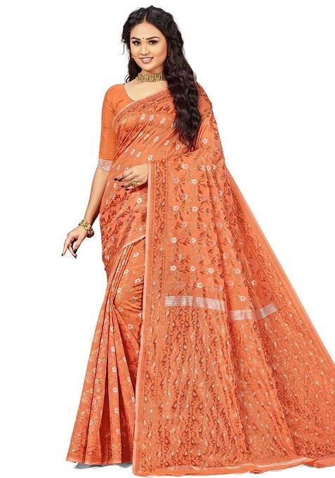 Peach Embroidered Cotton Blend Saree Set