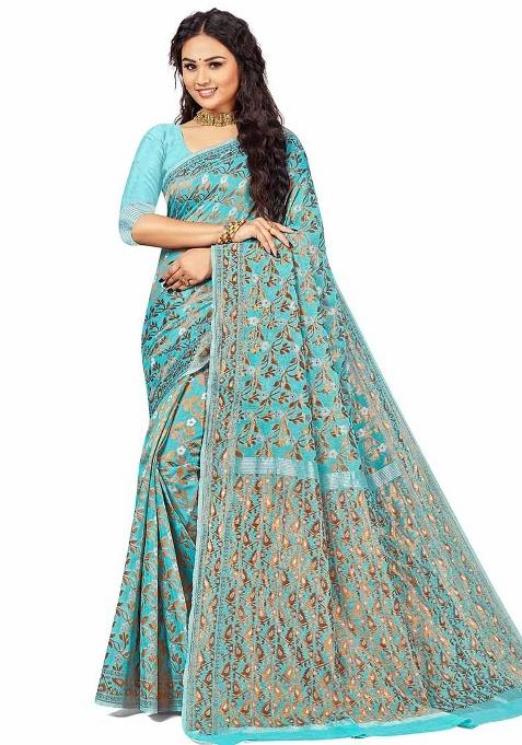 Sky Blue Embroidered Cotton Blend Saree Set