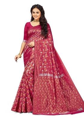 Burgundy Embroidered Cotton Blend Saree Set
