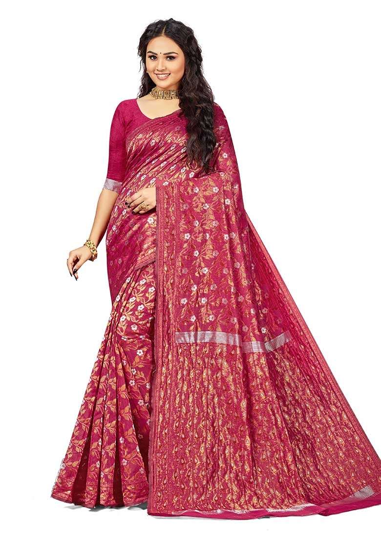 Burgundy Embroidered Cotton Blend Saree Set for Diwali and Festive Wear - Indya