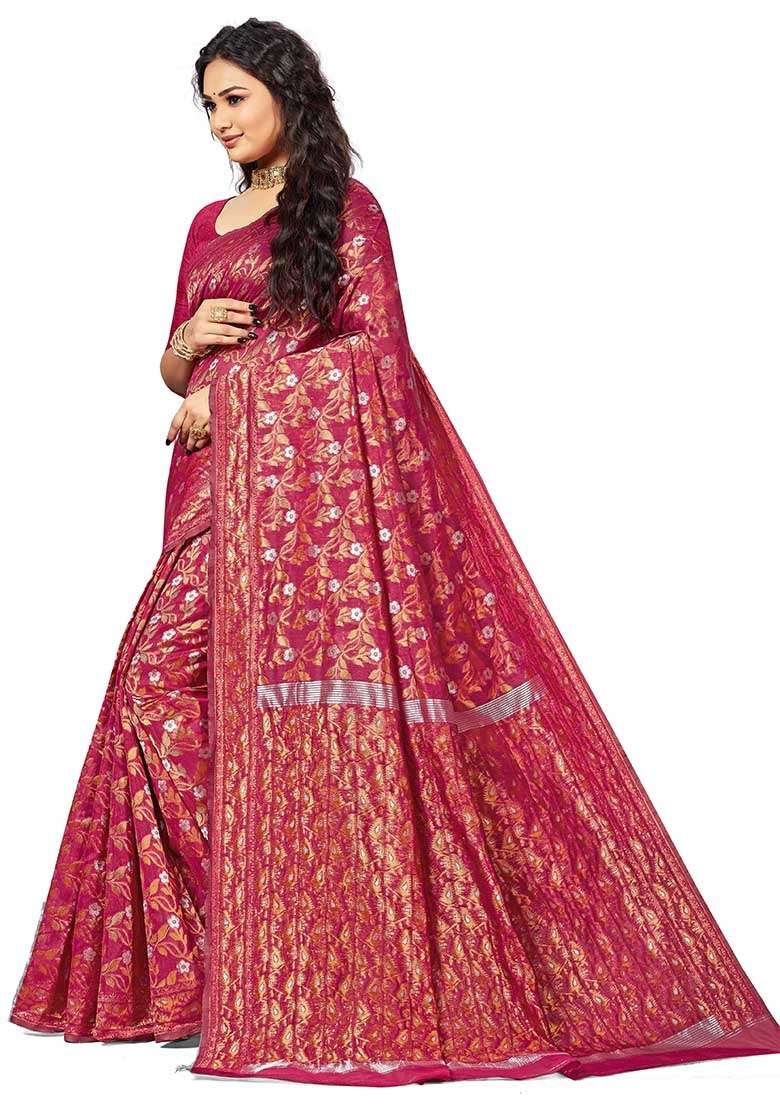 Burgundy Embroidered Cotton Blend Saree Set for Diwali and Festive Wear - Indya