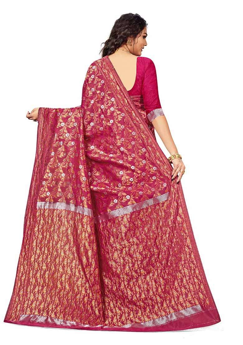 Burgundy Embroidered Cotton Blend Saree Set for Diwali and Festive Wear - Indya