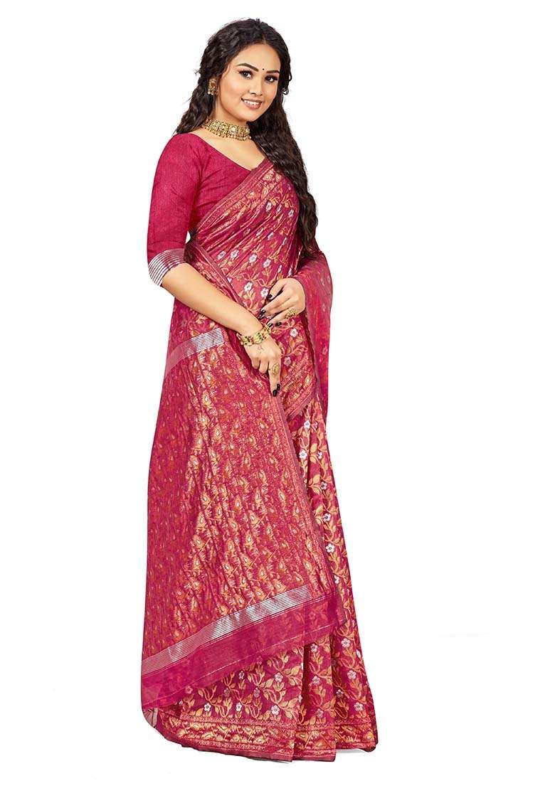 Burgundy Embroidered Cotton Blend Saree Set for Diwali and Festive Wear - Indya