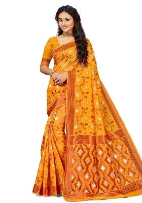 Gold Embroidered Cotton Blend Saree Set