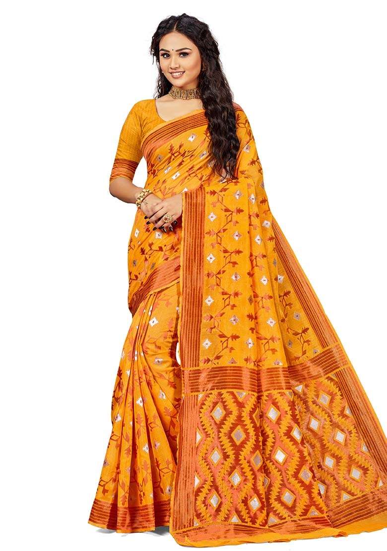 Gold Blend Cotton Saree Set with Embroidered for Diwali | Wedding & Festive Wear - Indya