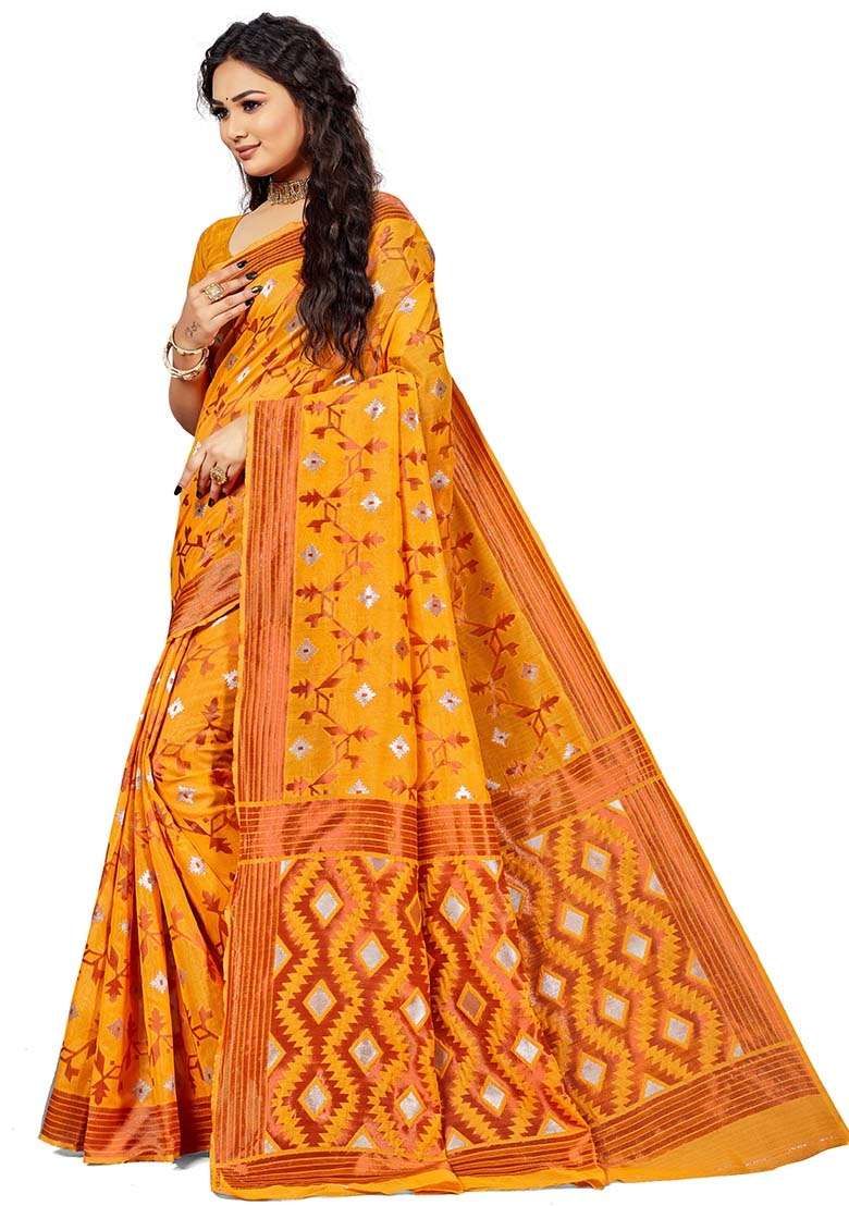 Gold Blend Cotton Saree Set with Embroidered for Diwali | Wedding & Festive Wear - Indya
