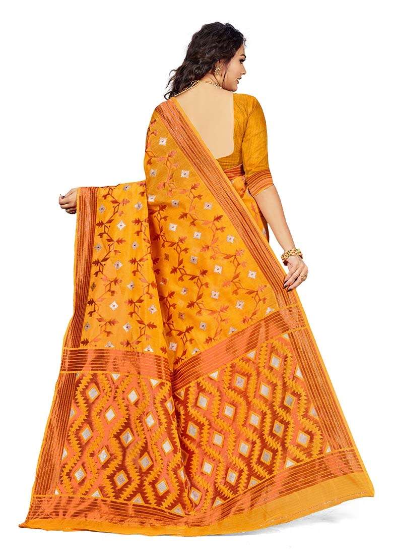 Gold Blend Cotton Saree Set with Embroidered for Diwali | Wedding & Festive Wear - Indya