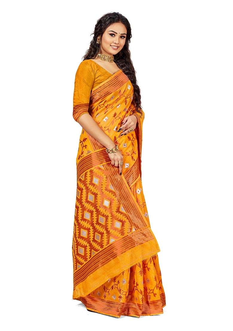Gold Blend Cotton Saree Set with Embroidered for Diwali | Wedding & Festive Wear - Indya