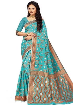 Sky Blue Embroidered Cotton Blend Saree Set