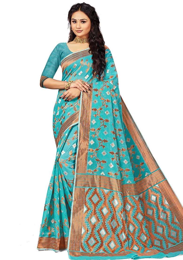 Sky Blue Blend Cotton Saree Set with Embroidered for Diwali | Wedding & Festive Wear - Indya