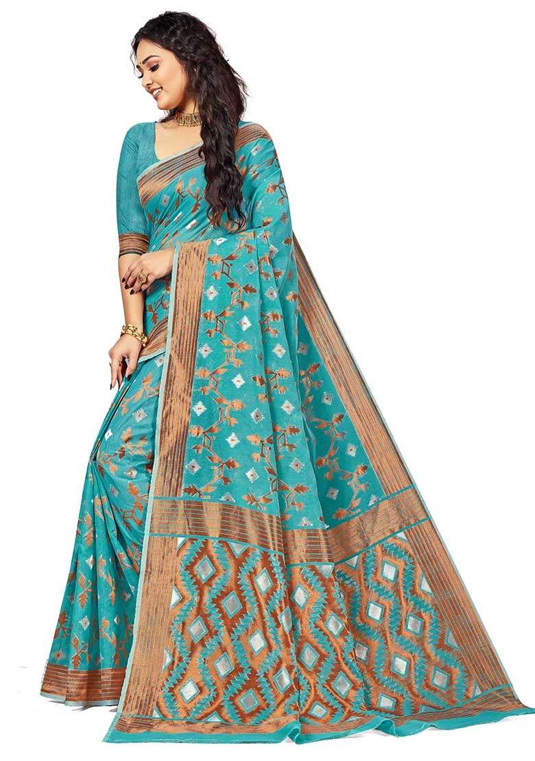 Sky Blue Blend Cotton Saree Set with Embroidered for Diwali | Wedding & Festive Wear - Indya