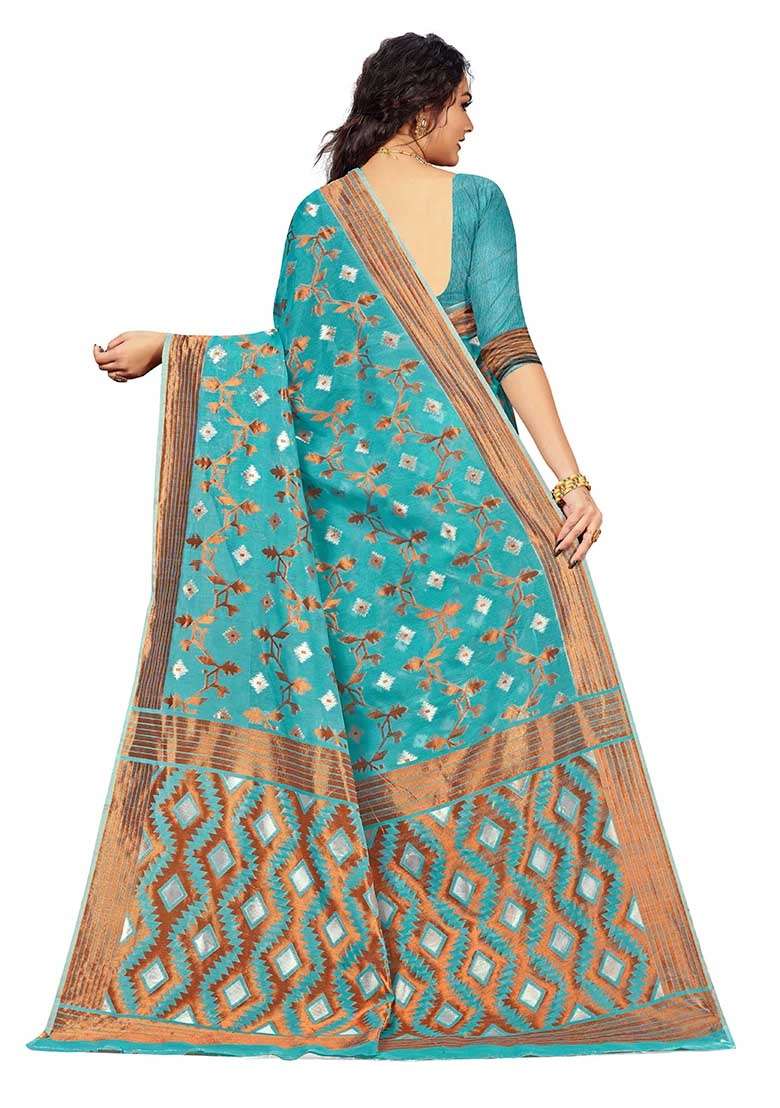 Sky Blue Blend Cotton Saree Set with Embroidered for Diwali | Wedding & Festive Wear - Indya