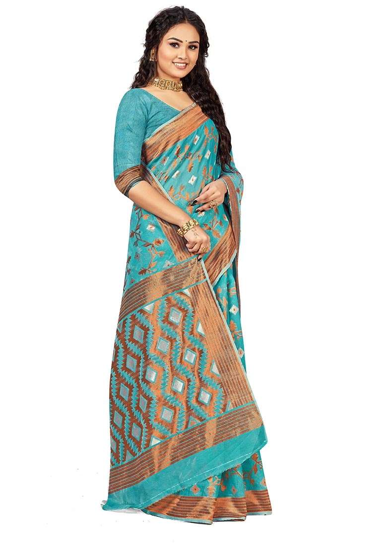 Sky Blue Blend Cotton Saree Set with Embroidered for Diwali | Wedding & Festive Wear - Indya