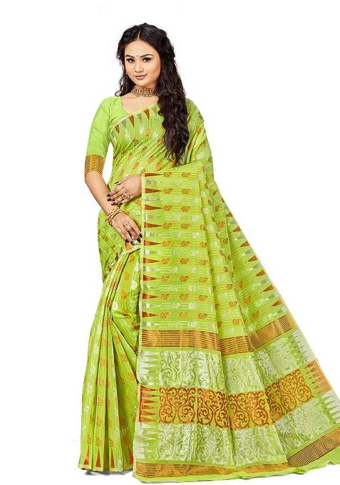 Lime Green Embroidered Cotton Blend Saree Set