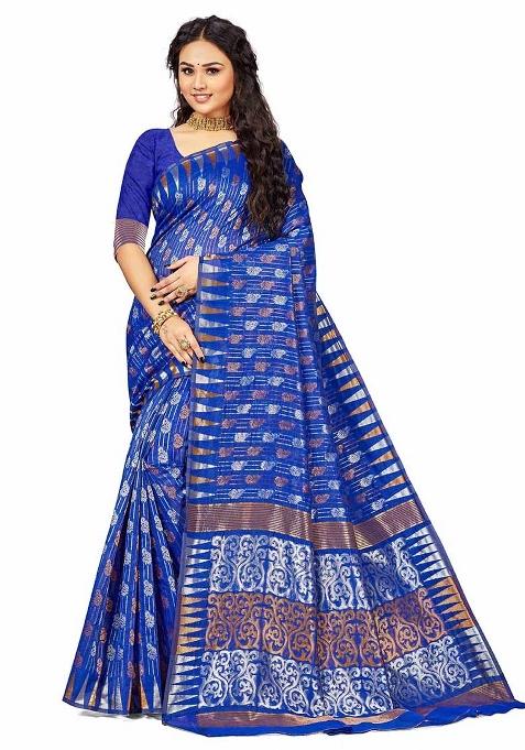 Royal Blue Embroidered Cotton Blend Saree Set
