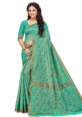 Sea Green Embroidered Cotton Blend Saree Set