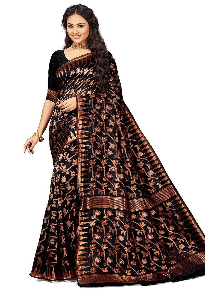 Black Blend Cotton Saree Set with Embroidered for Diwali | Wedding & Festive Wear - Indya