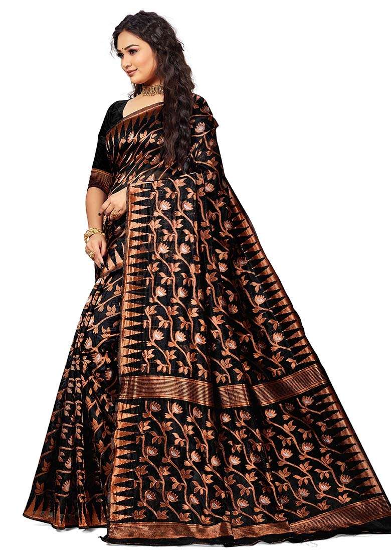 Black Blend Cotton Saree Set with Embroidered for Diwali | Wedding & Festive Wear - Indya