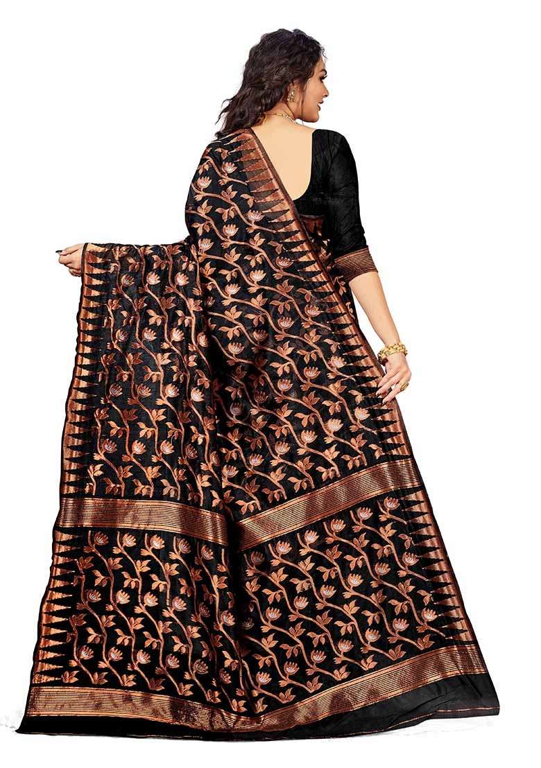 Black Blend Cotton Saree Set with Embroidered for Diwali | Wedding & Festive Wear - Indya