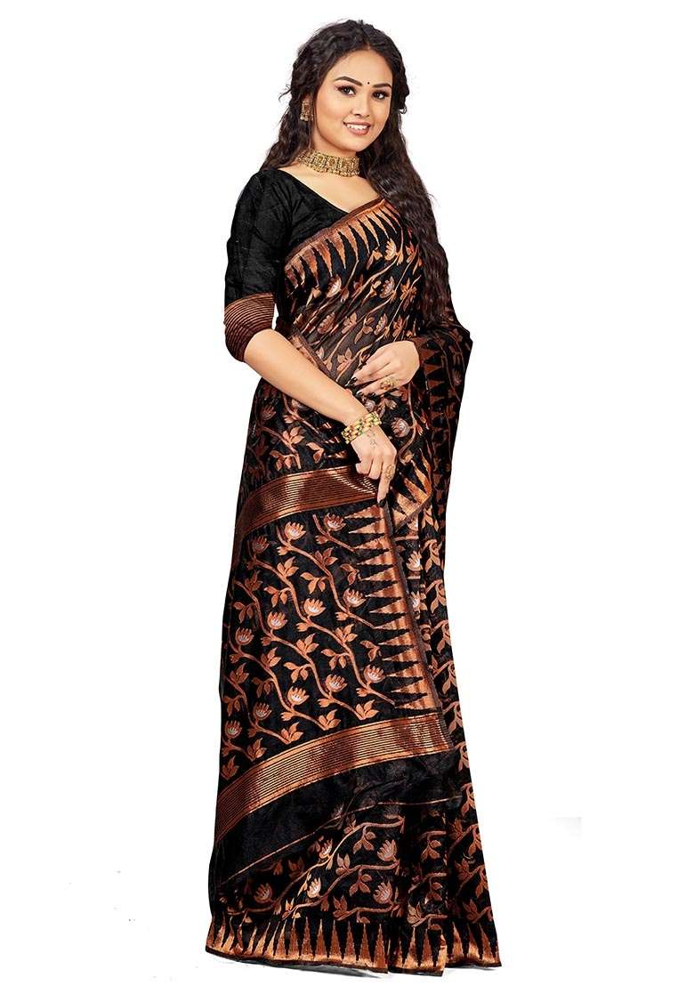 Black Blend Cotton Saree Set with Embroidered for Diwali | Wedding & Festive Wear - Indya