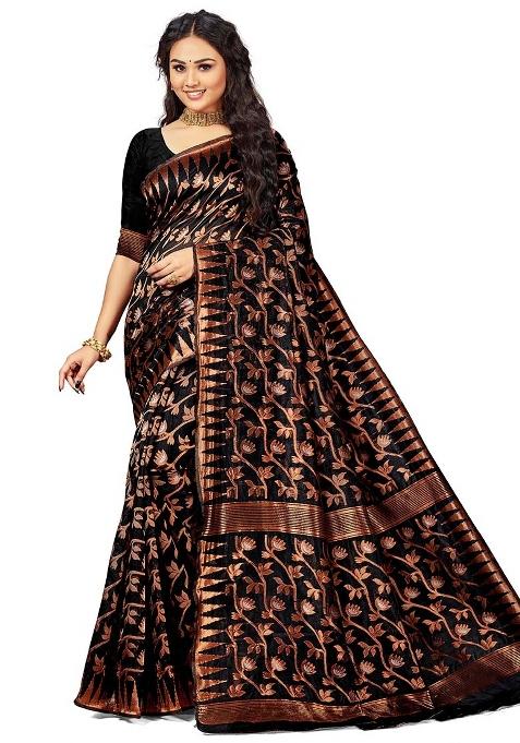 Black Embroidered Cotton Blend Saree Set