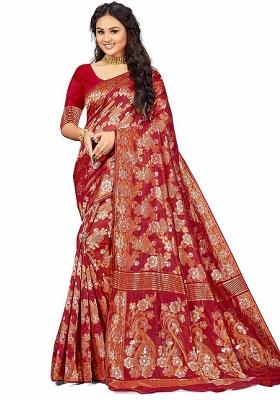 Maroon Embroidered Cotton Blend Saree Set