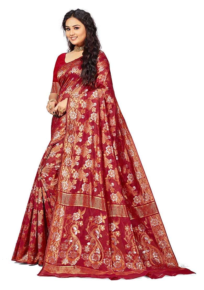 Maroon Embroidered Cotton Blend Saree Set - Indya